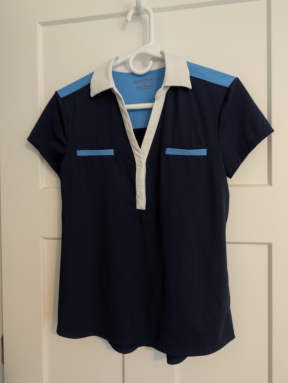 Kinona Navy Short Sleeve Polo with Light Blue Trim and White Collar Size Small